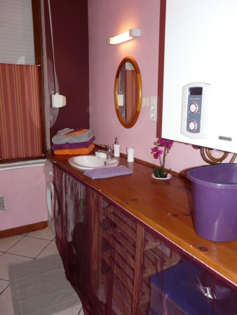 La salle de bains avec une baignoire et une machine à laver le linge.